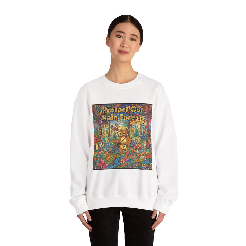 Eco-Friendly Crewneck Sweatshirt - Protect Our Rain Forests Design