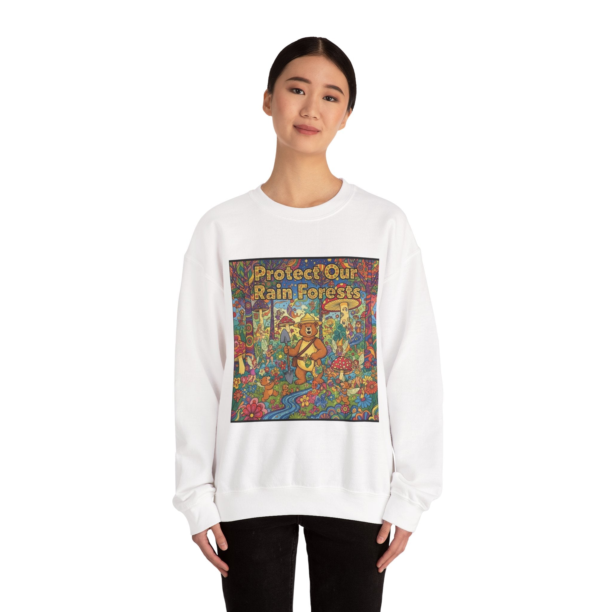 Eco-Friendly Crewneck Sweatshirt - Protect Our Rain Forests Design