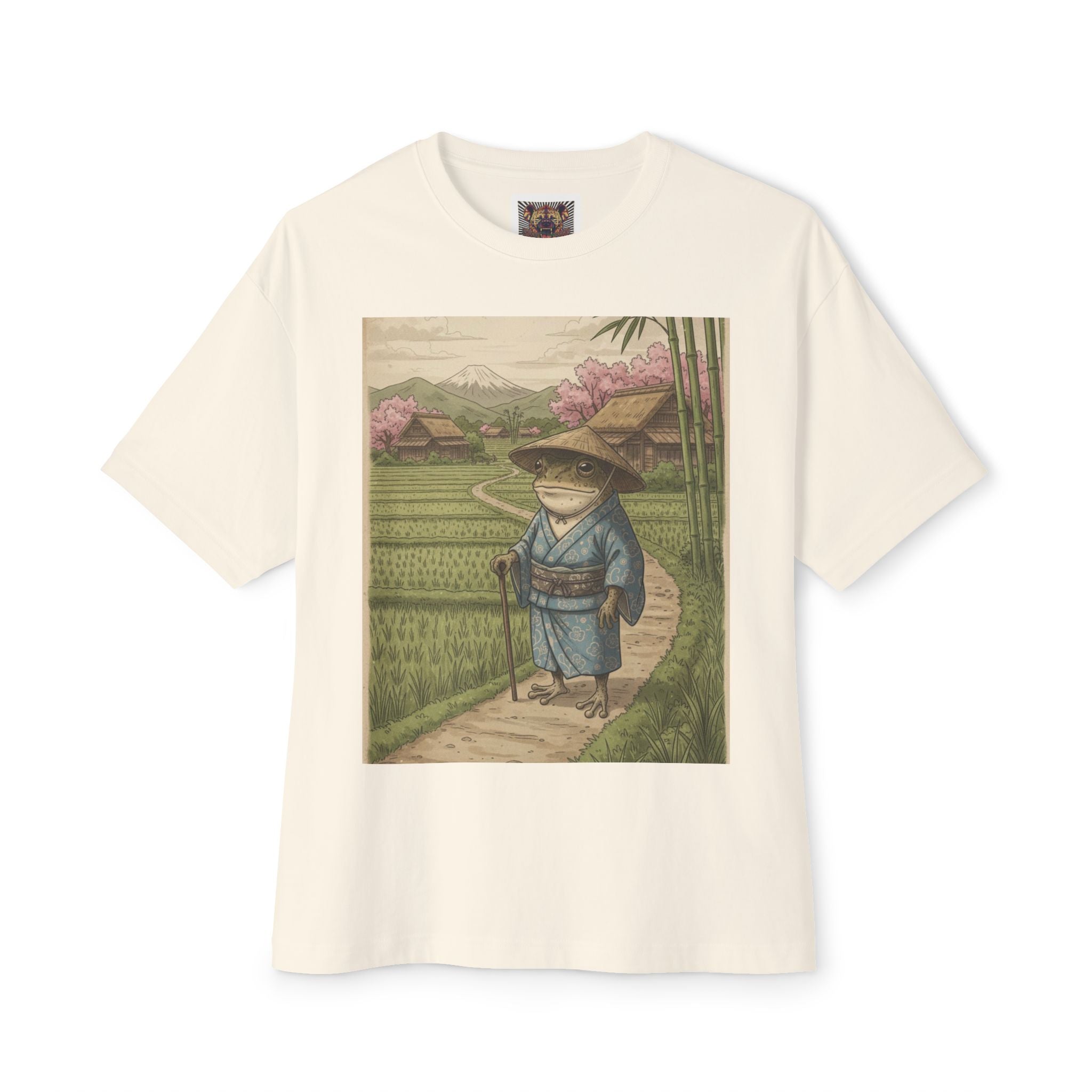 Zen Frog Farmer Graphic Tee – Oversized Boxy Shirt by Chuckle Designs