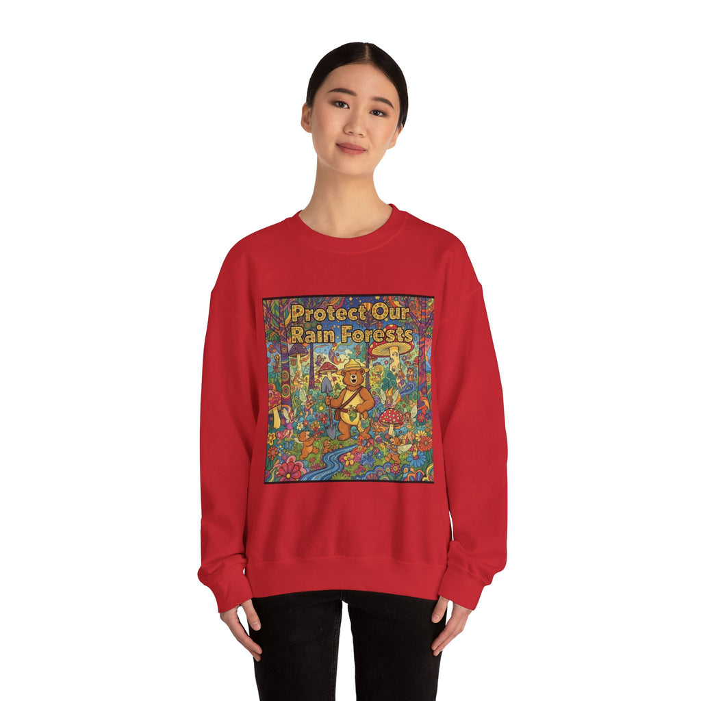 Eco-Friendly Crewneck Sweatshirt - Protect Our Rain Forests Design
