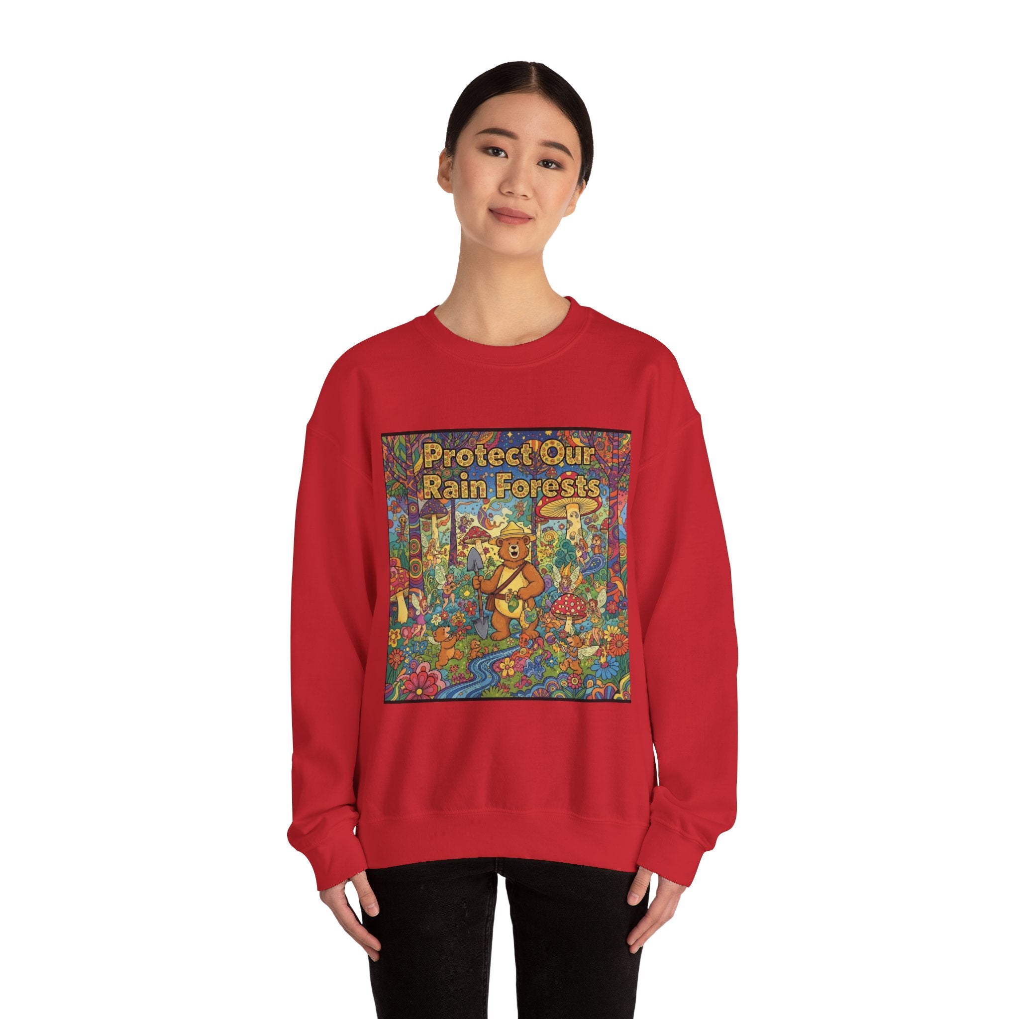 Eco-Friendly Crewneck Sweatshirt - Protect Our Rain Forests Design