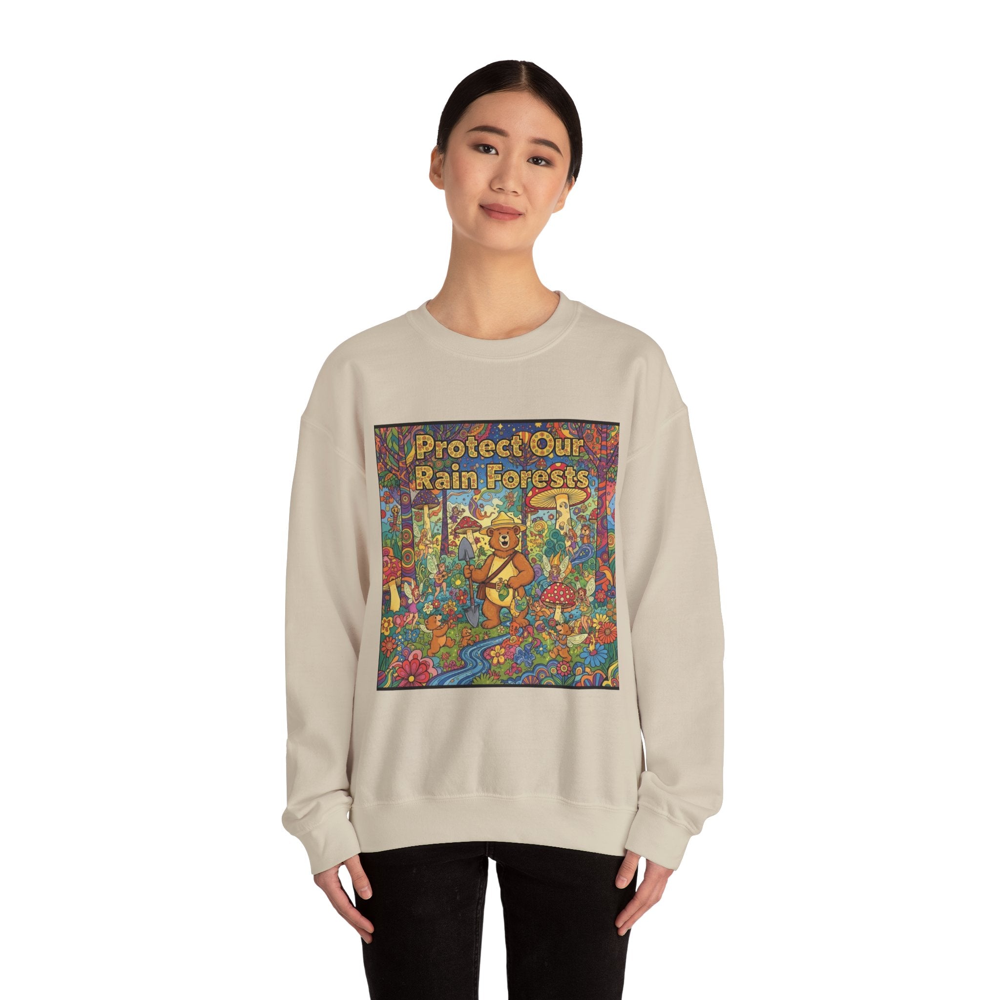 Eco-Friendly Crewneck Sweatshirt - Protect Our Rain Forests Design