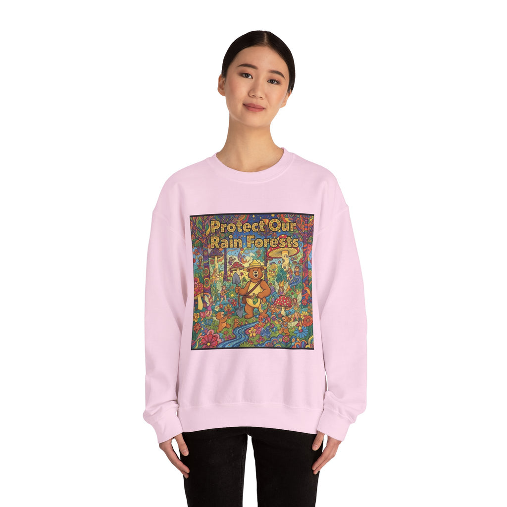 Eco-Friendly Crewneck Sweatshirt - Protect Our Rain Forests Design