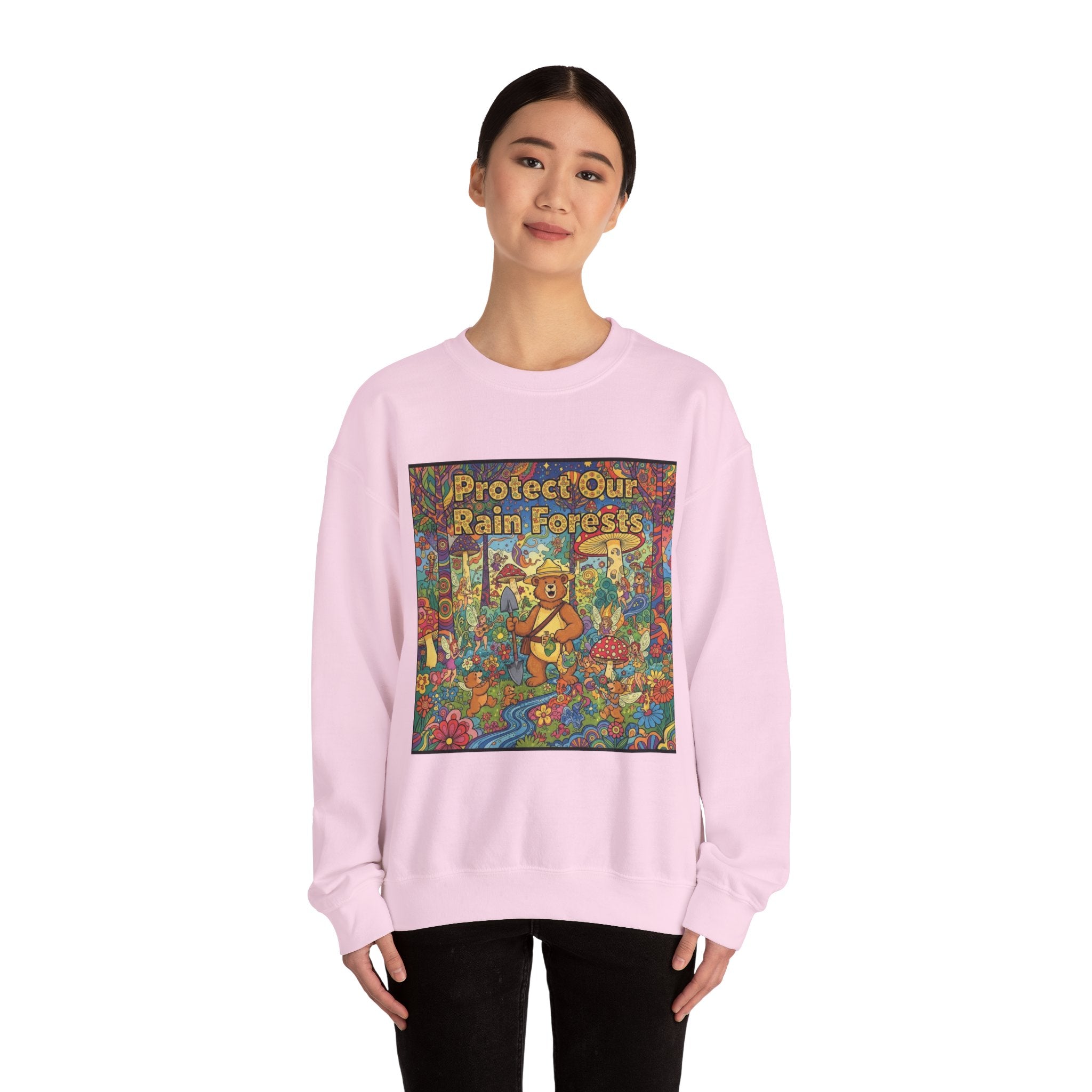 Eco-Friendly Crewneck Sweatshirt - Protect Our Rain Forests Design