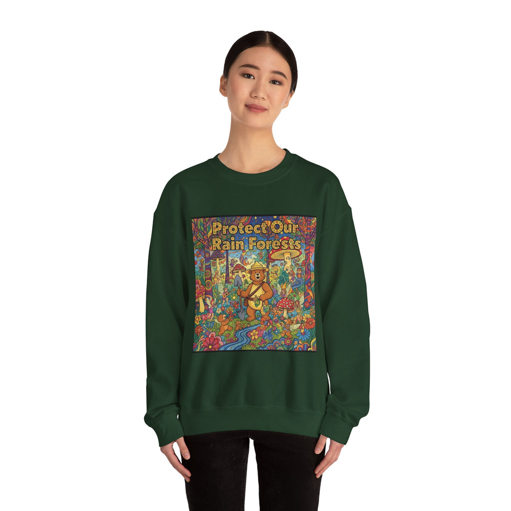 Eco-Friendly Crewneck Sweatshirt - Protect Our Rain Forests Design