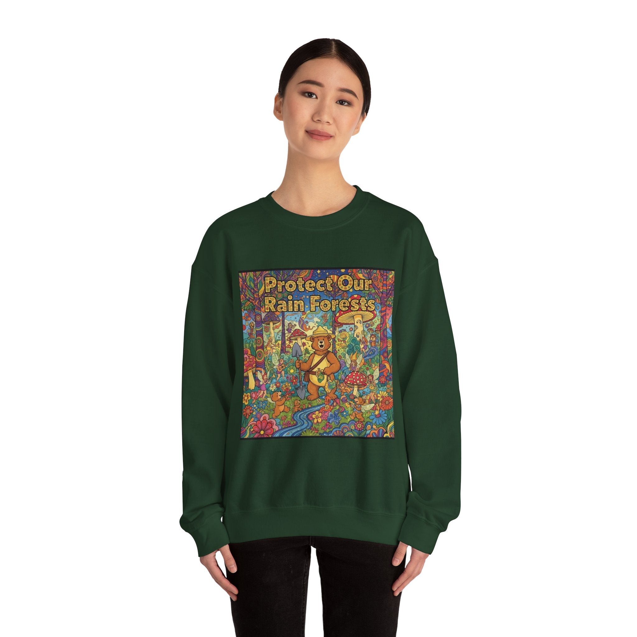 Eco-Friendly Crewneck Sweatshirt - Protect Our Rain Forests Design
