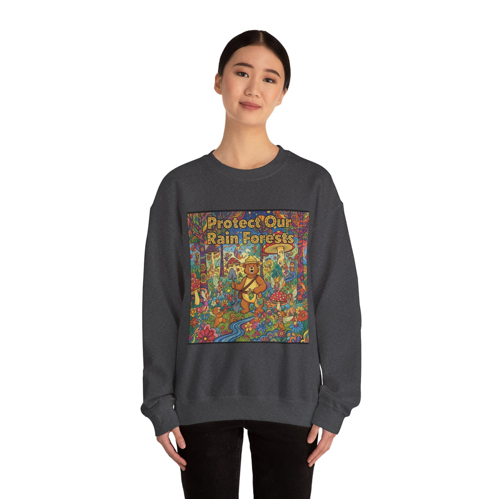 Eco-Friendly Crewneck Sweatshirt - Protect Our Rain Forests Design