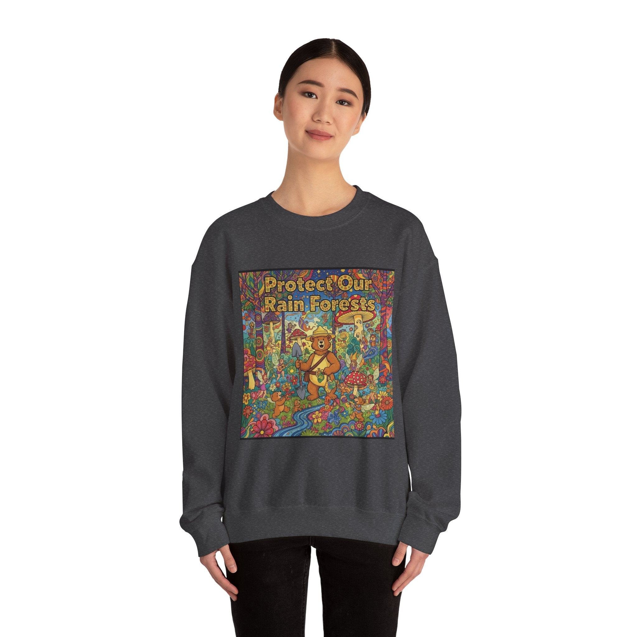 Eco-Friendly Crewneck Sweatshirt - Protect Our Rain Forests Design