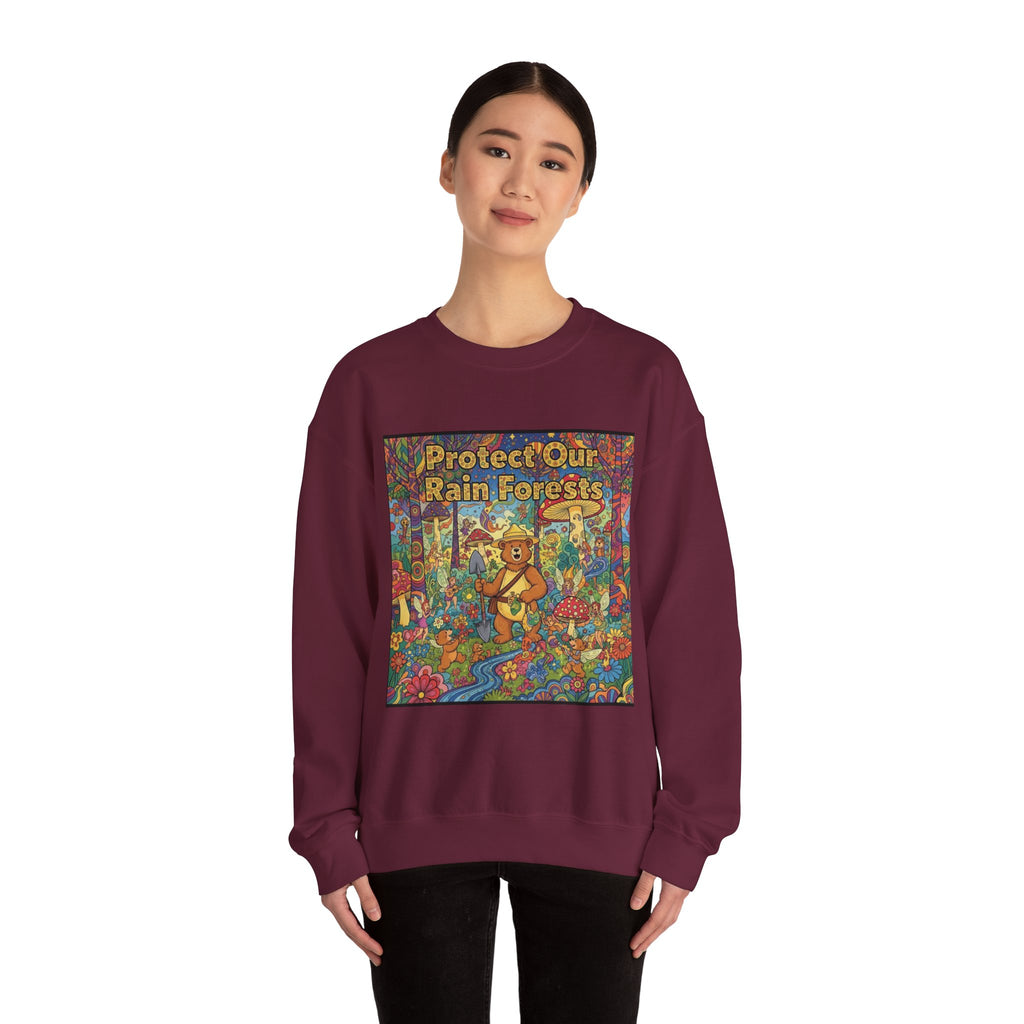 Eco-Friendly Crewneck Sweatshirt - Protect Our Rain Forests Design