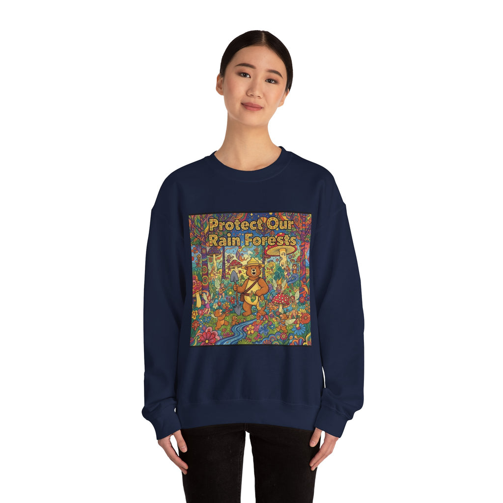 Eco-Friendly Crewneck Sweatshirt - Protect Our Rain Forests Design