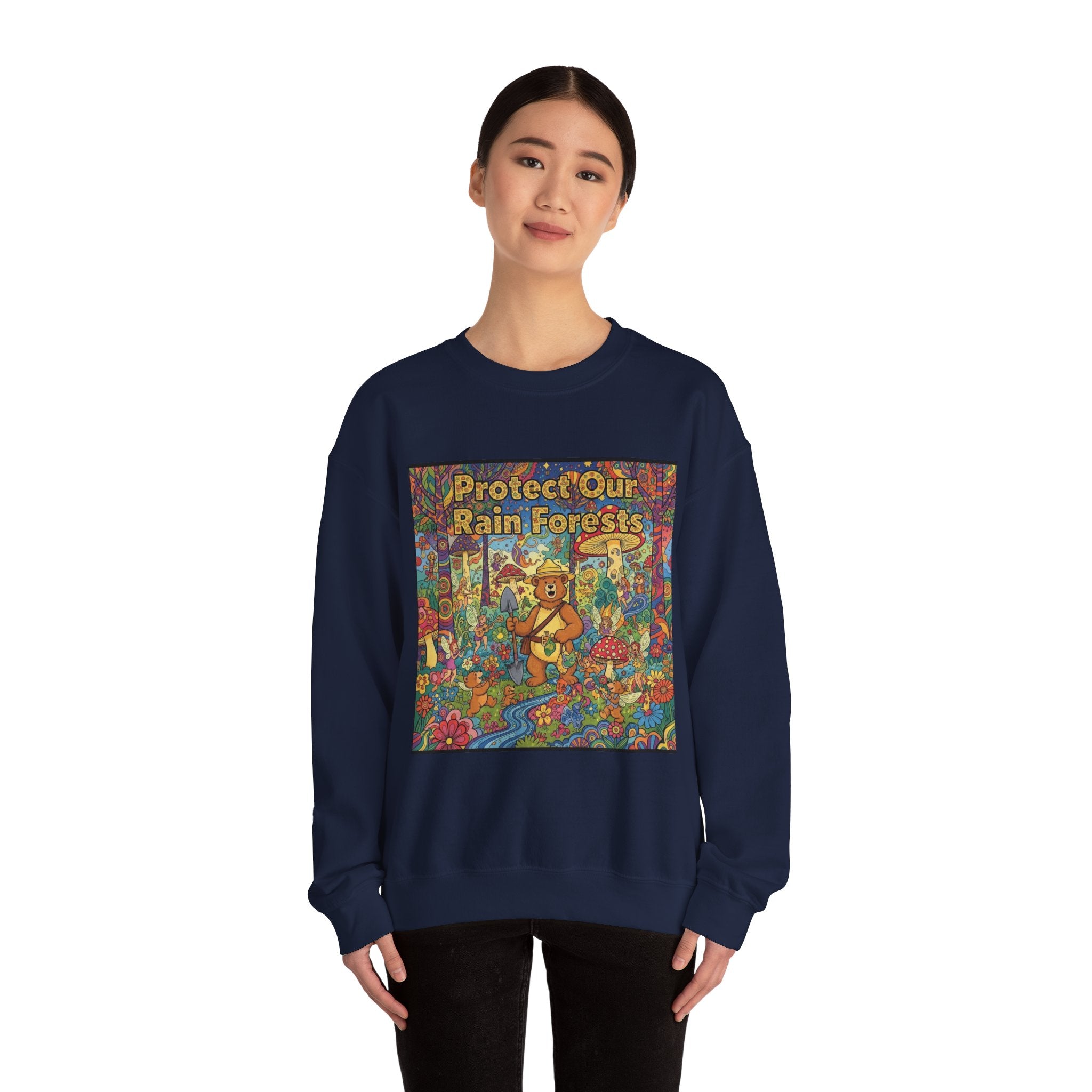 Eco-Friendly Crewneck Sweatshirt - Protect Our Rain Forests Design