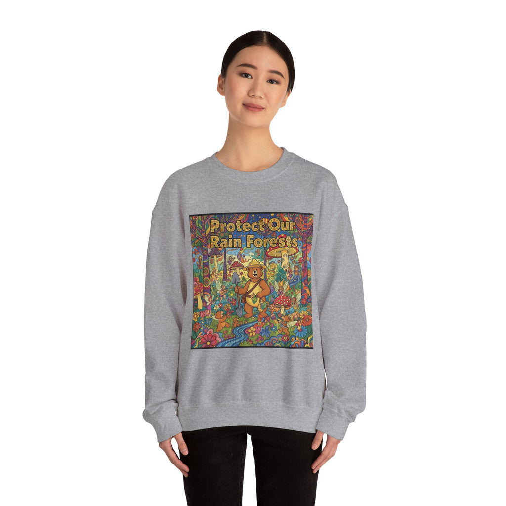 Eco-Friendly Crewneck Sweatshirt - Protect Our Rain Forests Design