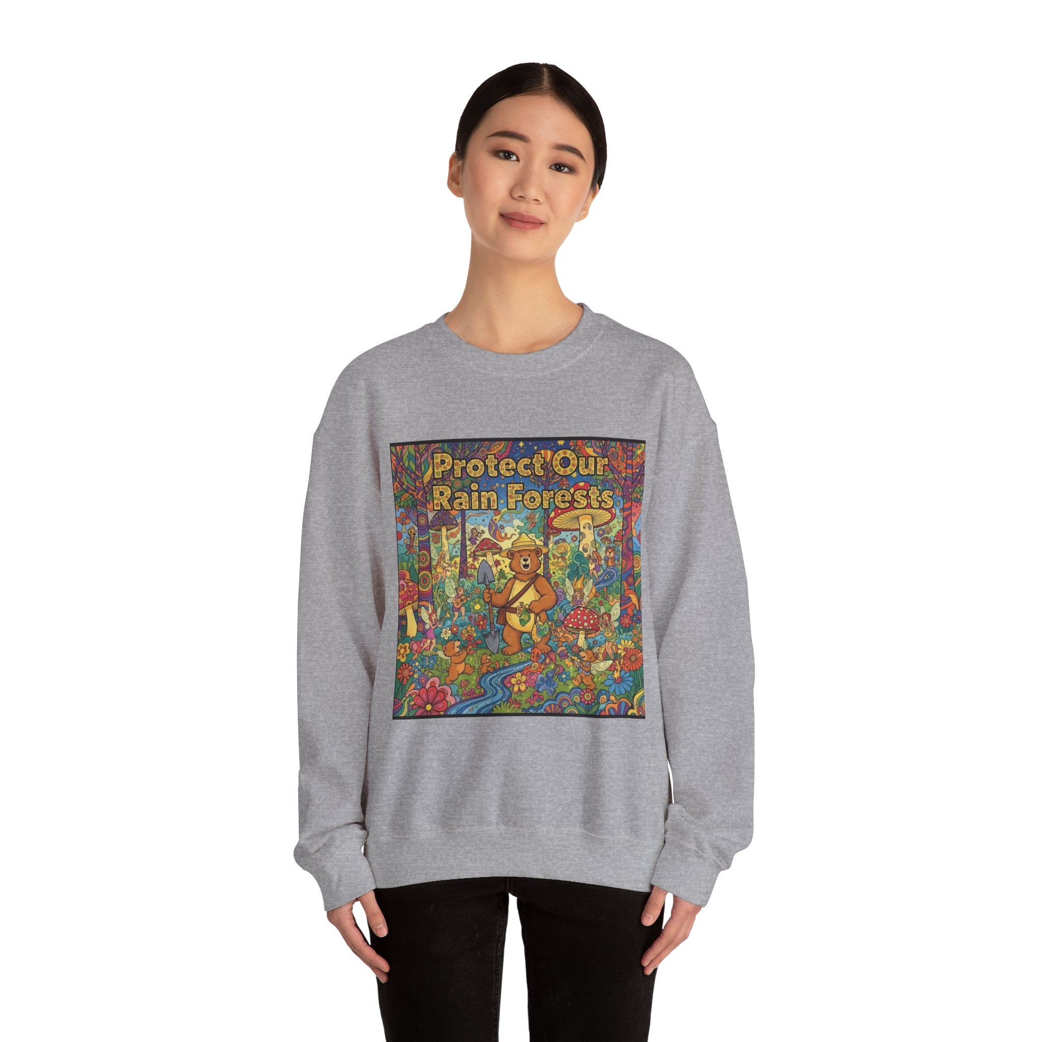 Eco-Friendly Crewneck Sweatshirt - Protect Our Rain Forests Design