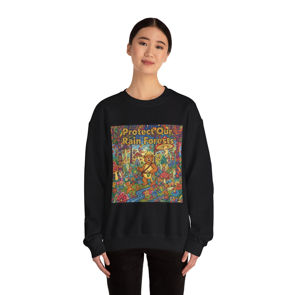 Eco-Friendly Crewneck Sweatshirt - Protect Our Rain Forests Design