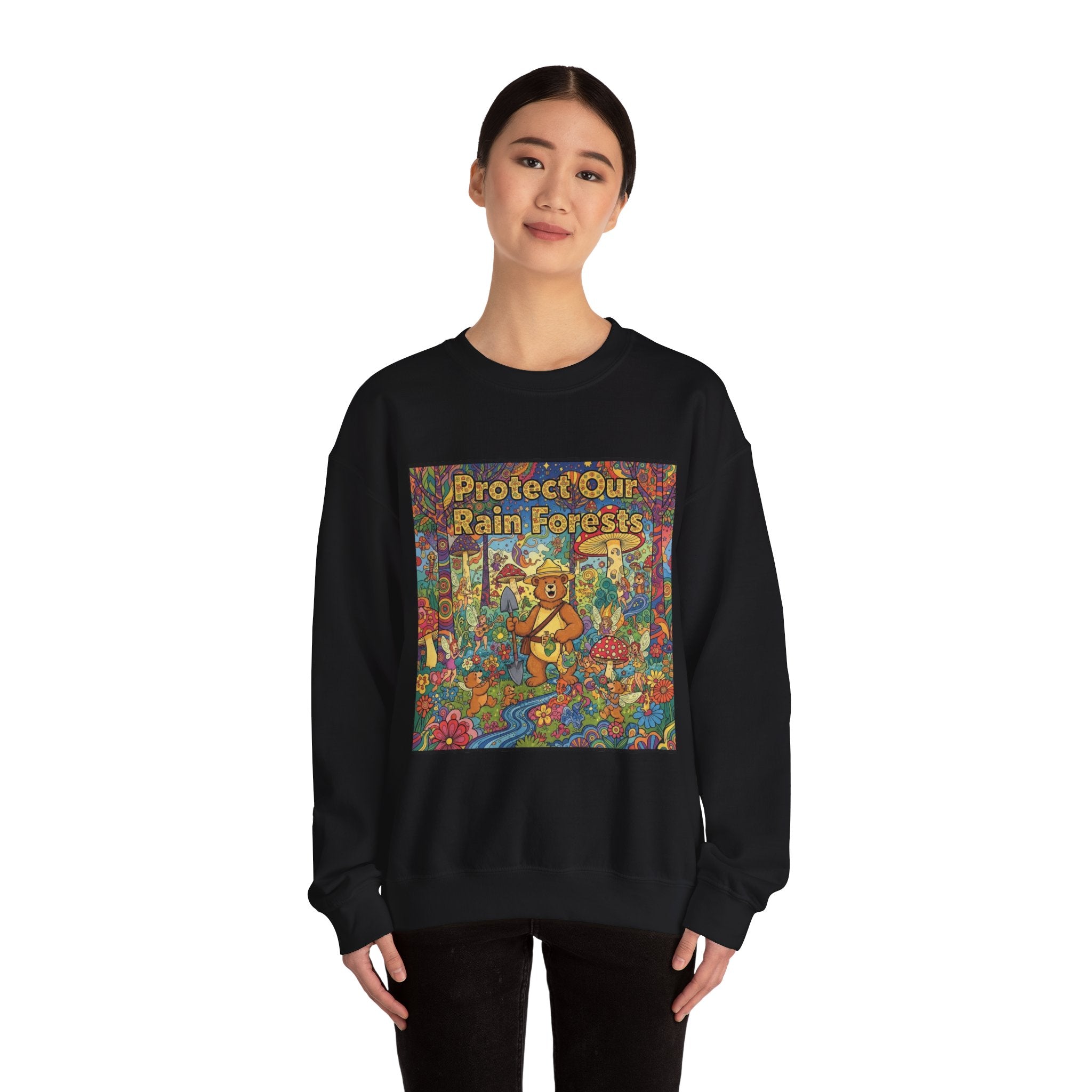 Eco-Friendly Crewneck Sweatshirt - Protect Our Rain Forests Design