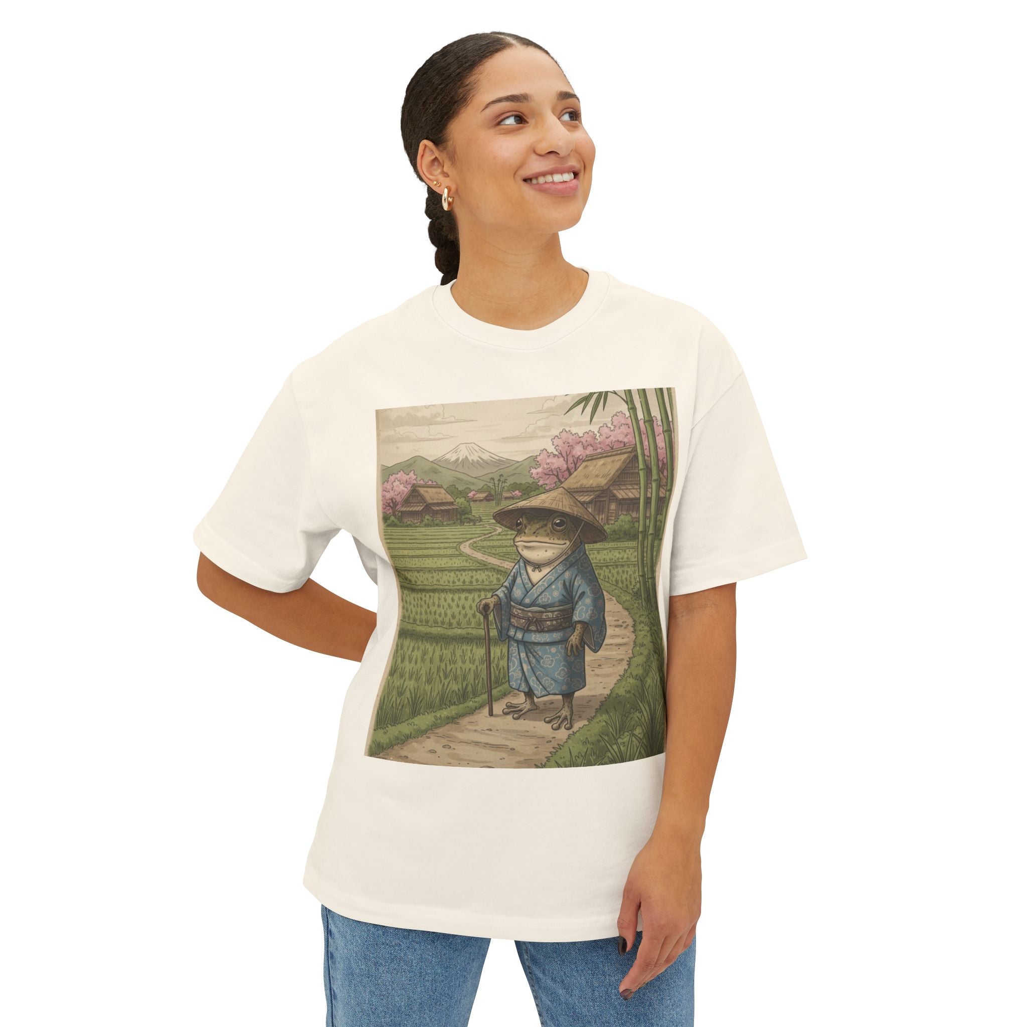 Zen Frog Farmer Graphic Tee – Oversized Boxy Shirt by Chuckle Designs